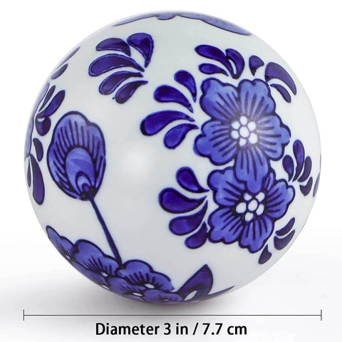 Decorative Porcelain Balls, 3" Centerpiece Balls Set, blue and white Ming-style ceramic sphere with floral design