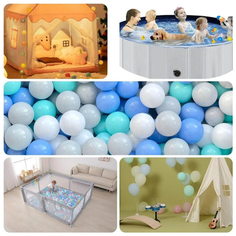 Collage featuring ball pit with 500-count blue-white plastic balls, play tent, swimming pool with balls, and playpen setup, BPA-free.