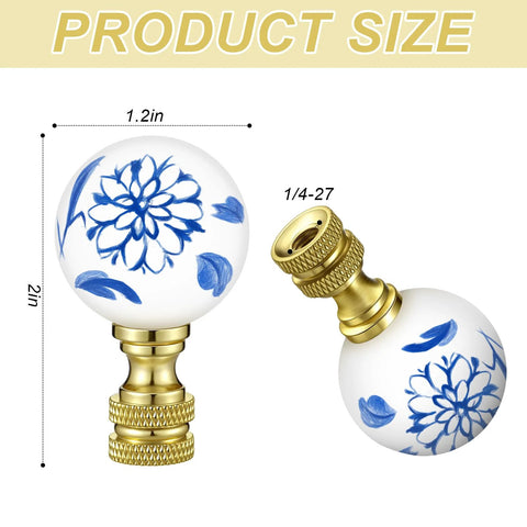 Two Pack Blue And White Porcelain Floral Ball Finials For Lamps 1/4-27 Thread Size with Brass Base, decorative chic knob design.