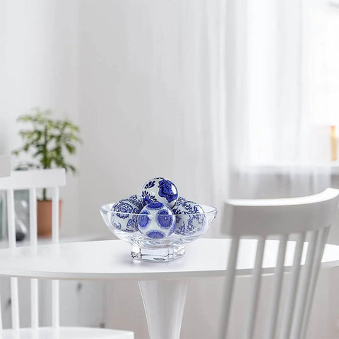 Decorative Porcelain Balls, 3" Centerpiece Balls Set in a bowl, blue and white floral pattern, on a table for home decor