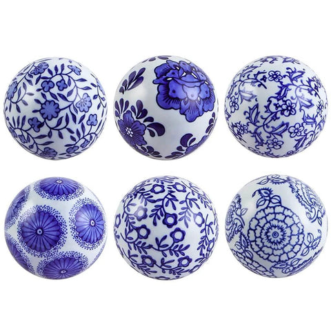 Decorative Porcelain Balls, 3" Centerpiece Balls Set, blue and white ceramic orbs with Ming-style floral patterns, pack of 6