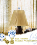 Two Pack Blue And White Porcelain Floral Ball Finials For Lamps 1/4-27 Thread Size Ceramic Chinoiserie Finials with Brass Base