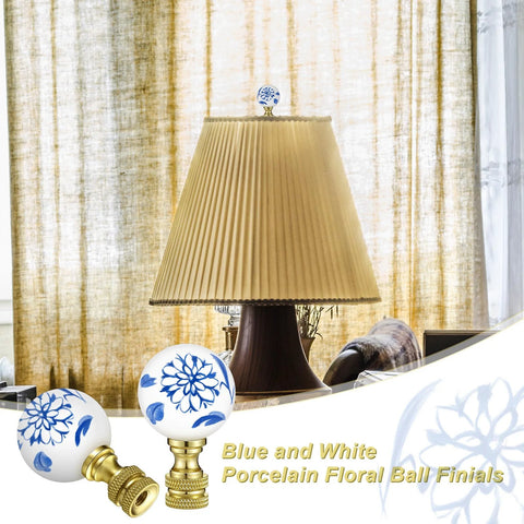Two Pack Blue And White Porcelain Floral Ball Finials For Lamps 1/4-27 Thread Size Ceramic Chinoiserie Finials with Brass Base