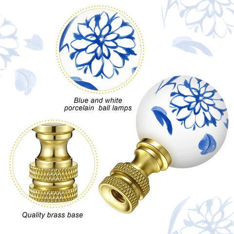Two Pack Blue And White Porcelain Floral Ball Finials For Lamps with Brass Base