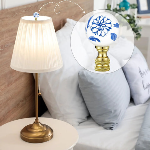 Two Pack Blue And White Porcelain Floral Ball Finials For Lamps 1/4-27 Thread Size Decorative Accent on Bedside Lamp