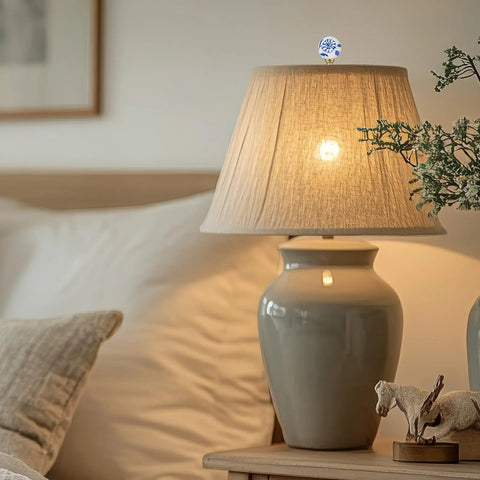 Two Pack Blue And White Porcelain Floral Ball Finials For Lamps on bedside lamp with beige shade