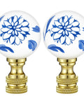 Two Pack Blue And White Porcelain Floral Ball Finials For Lamps 1/4-27 Thread Size with Polished Brass Base
