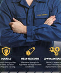 Person in blue work uniform displaying durability, wear-resistance, and low maintenance qualities as conceptual text overlays.