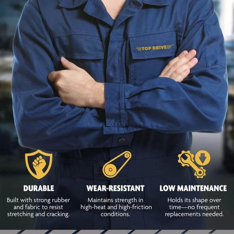 Person in blue work uniform displaying durability, wear-resistance, and low maintenance qualities as conceptual text overlays.