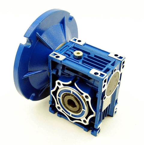 5/8 Output Worm Gear 50:1 56C Speed Reducer in blue casing, showcasing mounting flange and output shaft on the side