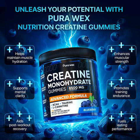 Creatine Gummies 8500mg Complex Pre Workout Chews Muscle Growth Energy Sugar Free Vegan Blueberry Flavor 120 Count bottle