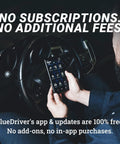 Person using Pro Bluetooth OBDII Scan Tool For IPhone And Android with app, no subscription fee, in car interior