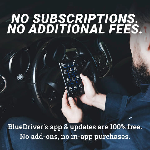 Person using Pro Bluetooth OBDII Scan Tool For IPhone And Android with app, no subscription fee, in car interior