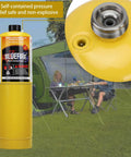 Modern MAPP Gas Cylinder 14.1 Oz For Brazing And Welding Hotter Than Propane With Longer Burning Time And Higher BTU From BLUEFIRE 3600F Max With Oxygen 4 Pack Bundles shown with camping gear background.
