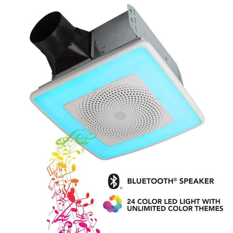 ChromaComfort Bluetooth Bathroom Exhaust Fan With 110 CFM One Point Five Sones 24 Color LED Light And Built In Speaker SPK110RGBL shown installed