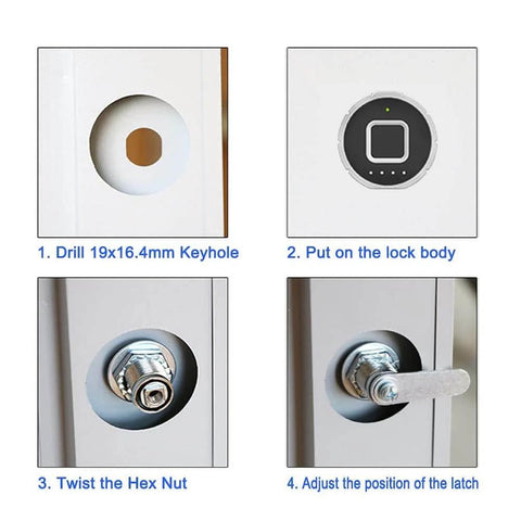 Installation steps for Bluetooth fingerprint drawer lock with three latch sizes fits drawers up to 17mm thick, easy install.
