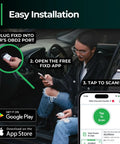Person using Bluetooth OBD2 Scanner For iPhone And Android Diagnostic Tool For Repairs And Car Buying Reads Over 39,000 Car Issues Check Engine Code Reader And Enhanced Codes Reset Codes Free App With Unlimited Scans And Free 14 Day Premium Bundle installed in car, smartphone app open.