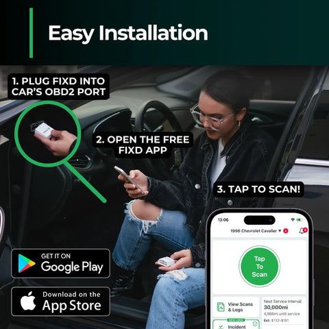 Person using Bluetooth OBD2 Scanner For iPhone And Android Diagnostic Tool For Repairs And Car Buying Reads Over 39,000 Car Issues Check Engine Code Reader And Enhanced Codes Reset Codes Free App With Unlimited Scans And Free 14 Day Premium Bundle installed in car, smartphone app open.