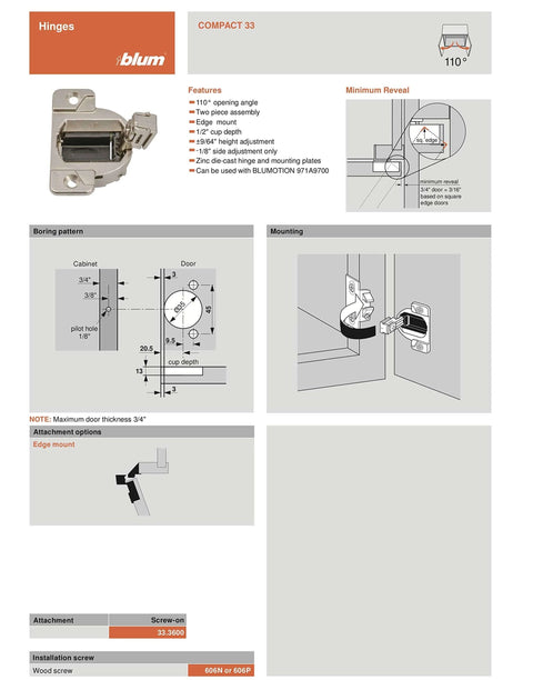 Detailed diagram of Blum 110 Degree Compact 33 Hinge Cup Screw On With Base Plate showing dimensions and mounting instructions.