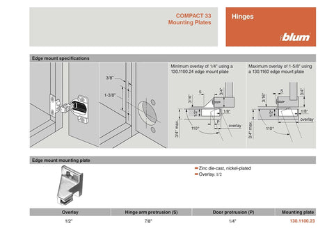 Diagram of Blum 110 Degree Compact 33 Hinge Cup Screw On With Base Plate Half Overlay Pack Of Two, showing installation specifications and dimensions