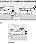 Diagram showing installation of Blum Blumotion Soft Close Dampers for Kitchen Cabinet Doors, detailed steps, T Bar Corner Straps Retrofitting Kit Pack of 10 Stop V105 A033S082