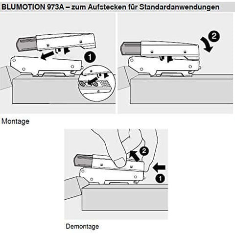 Diagram showing installation of Blum Blumotion Soft Close Dampers for Kitchen Cabinet Doors, detailed steps, T Bar Corner Straps Retrofitting Kit Pack of 10 Stop V105 A033S082
