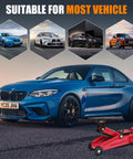 BMW Jack Pad Set 4 Pack For Lift Safety And Protection shown with a blue BMW car and red floor jack against a scenic backdrop.
