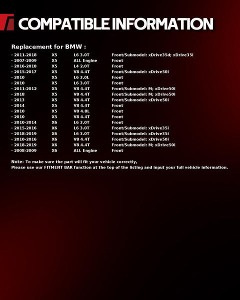 Compatibility chart for Drop-In Front Wheel Bearing Hub Assembly Kit for BMW X5 X6 showing fitment specifications.