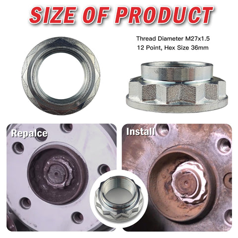 BMW Front And Rear CV Axle Nut Kit Two Pack For 1 Series 3 Series 5 Series X Series Z3 Z4 Z8 M Models Replaces 33411133785 33410412955 Spindle Nut To Secure CV Joints And Wheel Hubs Premium Fitment For Balanced Torque, showing nut size and installation process.