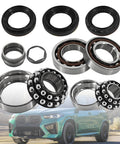 Beefed Up Front Differential Bearings Repair Kit For BMW XDrive 2006 To 2020 X1 X3 X4 X5 X6 With OE 31507533971 And Compatible With 328i 335i 528i 535i 550i Models displayed with bearings and seals in front of a BMW vehicle image.