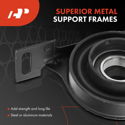 Close-up of Beefy BMW Drive Shaft Center Support Carrier Bearing with metal support frames for durability.