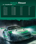 Racing car illustration with vehicle fitment chart for BMW X4, X5, X6, engine specs 2.0L to 4.4L, years 2007-2018.