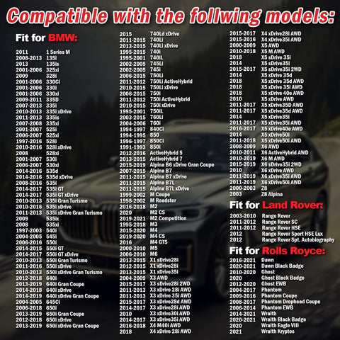 Compatibility list of BMW, Land Rover, Rolls Royce models, including various series, engines, and years, over car background
