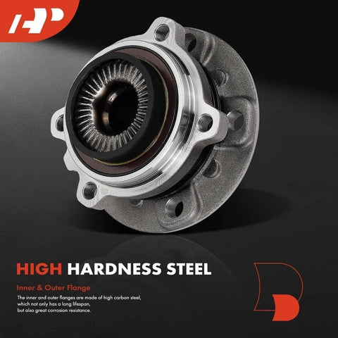 BMW Front Wheel Bearing And Hub Assembly 2 Pack For 528i XDrive 535i XDrive 550i XDrive 640i XDrive 650i XDrive 535i GT XDrive 550i GT XDrive And 640i Gran Coupe XDrive Models 2011 Through 2019 Drop In Replacement showing high hardness steel construction.