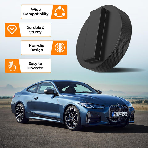 Heavy Duty Rubber BMW Jack Pad shown with BMW car, highlighting wide compatibility, durability, non-slip design, and easy operation.