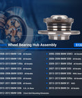 Front Wheel Hub And Bearing Assembly Drop In Replacement For BMW 2006-2016 models, shown next to compatibility chart.