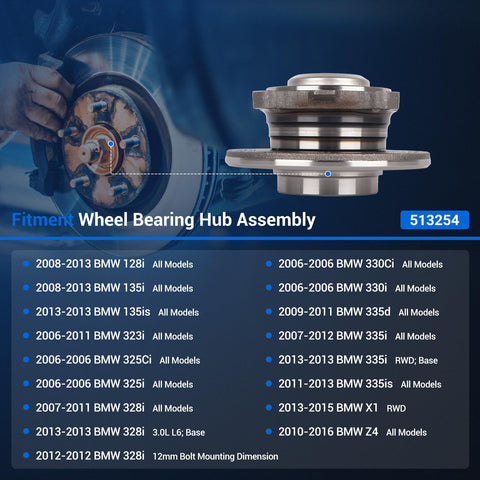 Front Wheel Hub And Bearing Assembly Drop In Replacement For BMW 2006-2016 models, shown next to compatibility chart.