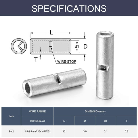 Diagram and two 120 Pcs Non Insulated Butt Connectors BN2 Pure Copper 0.8mm Thickness For 16 And 14 AWG Wire Gauge Crimp Ferrule Terminals