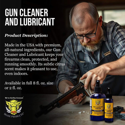 Man cleaning gun, bottles of Premium Gun Cleaner And Lubricant CLP Spray for Metal Surfaces on table.