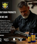 Man with firearm next to Premium Gun Cleaner And Lubricant CLP Spray For Metal Surfaces With Deep Cleaning Power by Boar Products.