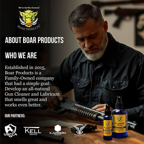 Man with firearm next to Premium Gun Cleaner And Lubricant CLP Spray For Metal Surfaces With Deep Cleaning Power by Boar Products.
