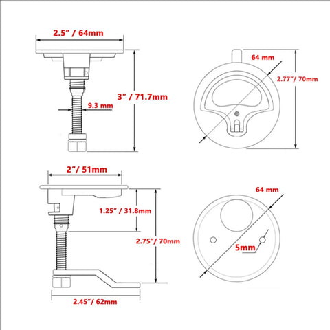 Technical drawing of Boat Cam Latch Marine Grade 316 Stainless Steel Flush Pull Hatch Lift With Adjustable Locking Arm Height Back Plate