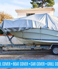 Boat on trailer covered with tarp secured by 24 Pack Heavy Duty Tarp Clips With Lock Grip And Tarp Tie Downs Bungee Cords.