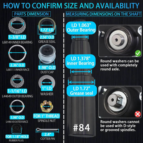 Diagram showing parts dimensions for 2 Sets 3500lb Boat Trailer Axle Bearing Kit for #84 Spindle including bearings, seals, and washers.
