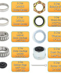 Two Sets 3500 LB Boat Trailer Axle Bearing Kits For 1 1/16 To 1 3/8 Inch Axles Includes L68149 And L44649 Bearings 171255TB Grease Seals Spindle Nuts 1.98 Inch Dust Caps Rubber Plugs Cotter Pins Washers For 3500 LB Spindle product components displayed with text labels.
