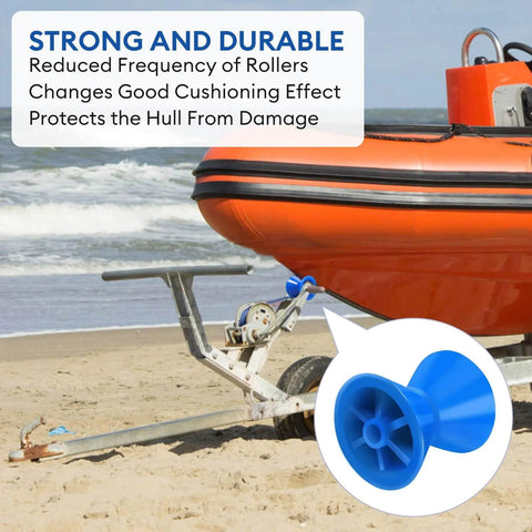 4 Inch Boat Trailer Roller Installation Aperture Half Inch Bow Stop For Boat Trailers Blue Bow Roller With Polyurethane Construction In Wear Resistant Durable Design That Protects Hull And Will Not Fade In Sun Or Wind on beach with boat