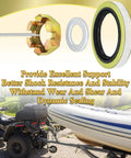 Components and benefits of All-in-One 5 Bolt Trailer Hub Kit For 3500 Lb Axles shown with ATV and inflatable boat trailer