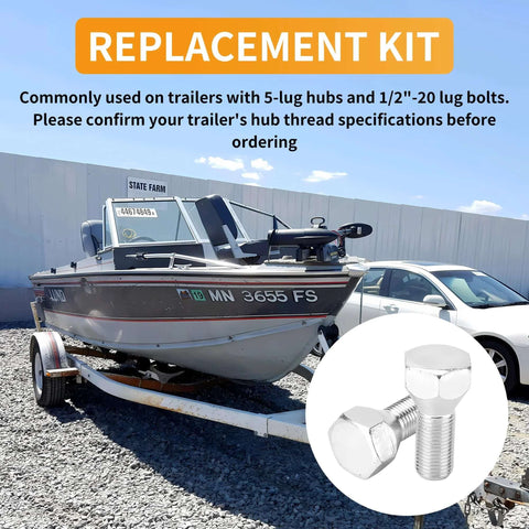 Replacement kit for 5 Pack 11062A Trailer Lug Bolts 1/2"-20 x 1-5/8", solid steel, zinc-plated for boat and utility trailers