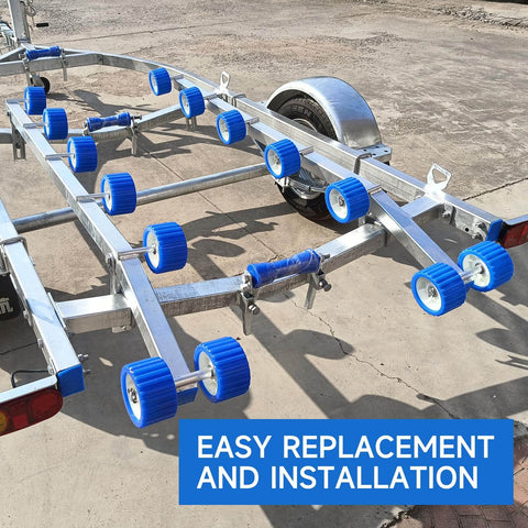 Boat Trailer Roller Kit With 5 Inch Outside Diameter Ribbed PU Wobble Roller For Shafts From Seven Eighths To One And One Eighth Inches Includes Eight Gaskets And Four Cotter Pins Durable Marine Grade Polyurethane installed on trailer