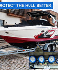 Boat Trailer Roller Kit With 5 Inch Outside Diameter Ribbed PU Wobble Roller for shafts, shown installed under a speedboat on a trailer.